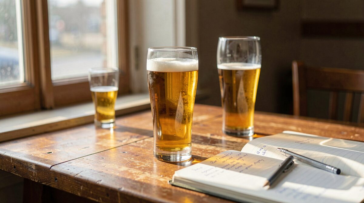 Mesa de madera junto a una ventana con luz de tarde, sobre ella tres vasos de cerveza a distintas alturas y una libreta abierta con anotaciones a lápiz, enfoque en el vaso central y fondo desenfocado