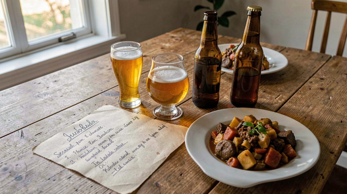 Una mesa de comedor de madera con un menú escrito a mano, tres vasos distintos (pilsner alto, tulipán y copa ancha) y dos botellas de cerveza sin etiqueta visible, junto a un plato de guiso de temporada; luz de tarde entrando por una ventana lateral, plano cenital ligeramente inclinado.