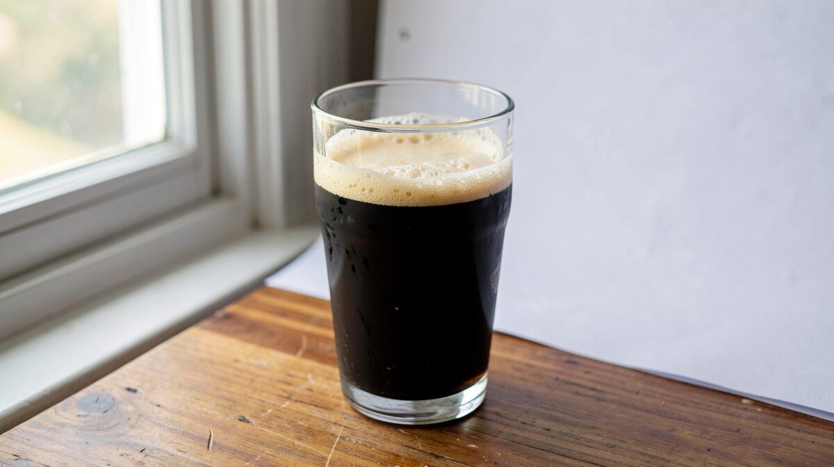 Un vaso de cerveza negra sobre una mesa de madera junto a una ventana con luz natural de mediodía, fondo de papel blanco, se ve el borde dorado del líquido y la espuma densa