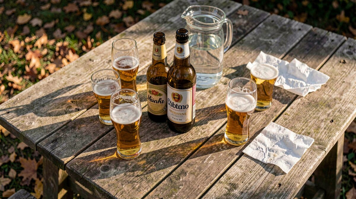 Una mesa de madera al aire libre con seis vasos de cerveza a medio llenar, dos botellas de 75 cl en el centro, una jarra de agua y una servilleta arrugada, luz de tarde de otoño entrando en diagonal desde la izquierda, plano cenital ligeramente inclinado.