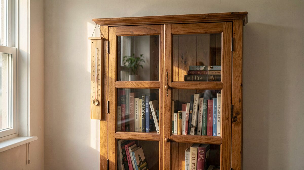 Una estantería de madera cerrada con puertas de cristal en una habitación interior, luz lateral suave de tarde, un higrómetro de pared colgado en el marco y varios libros en vertical con el lomo hacia fuera, plano medio frontal.
